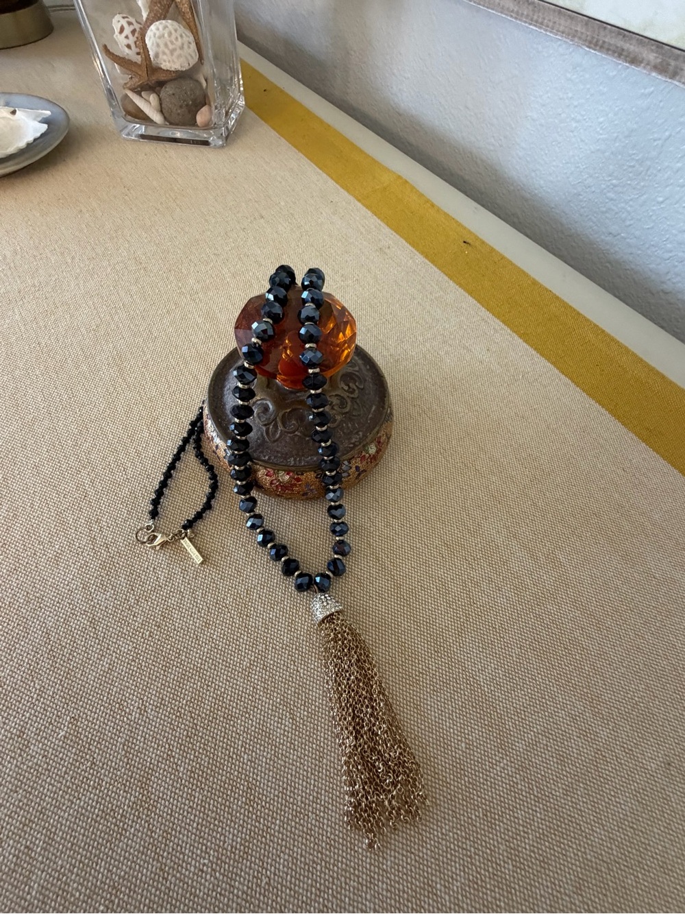 Black Beaded Necklace with Gold Chain Tassel
